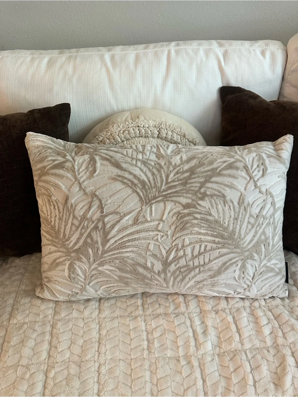 Neutral Textured Palm Leaf Throw Pillow - Beige